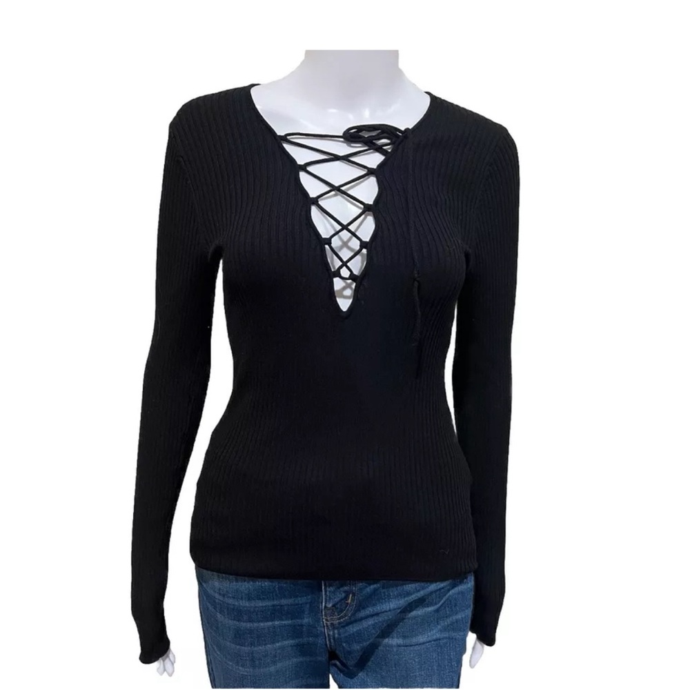 NWT H&M Ribbed Lace Up Sweater Black Stretchy Sz Small Tie Deep V Neck Sexy